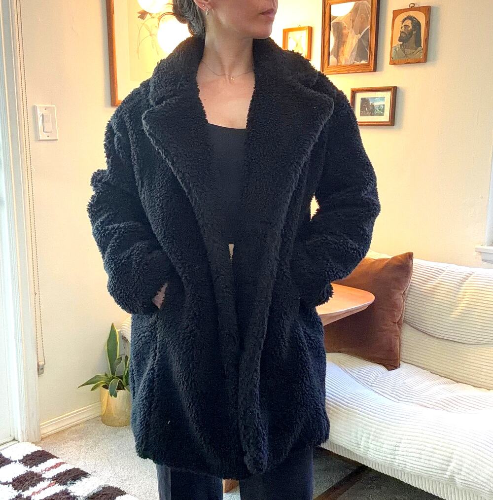 American Eagle Black Teddy Bear Coat Faux Fur Sherpa Jacket Small Notch Lapel